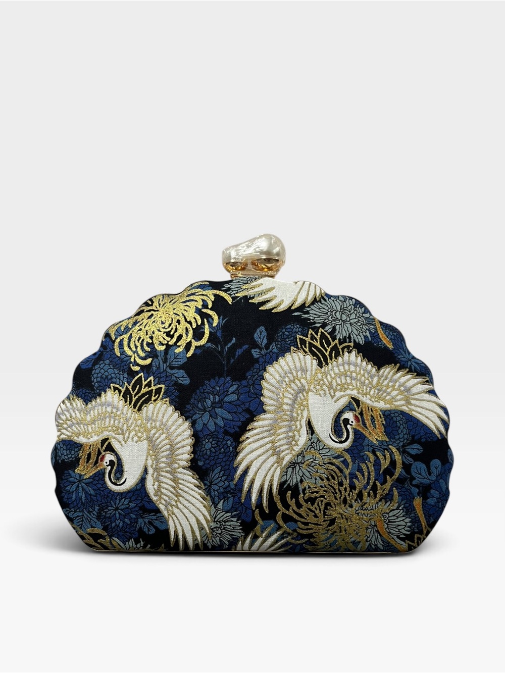 Elegant Brocade Fabric Asian Japanese Cranes Evening Clutch Convertible Bag Blue